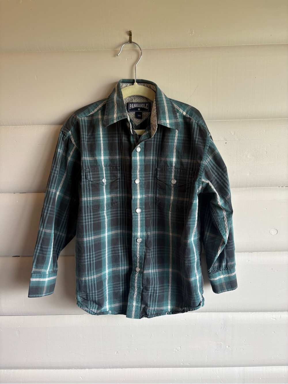 Panhandle Boys Western Pearl Snap Plaid Buttons Shirt Teal Size S/6